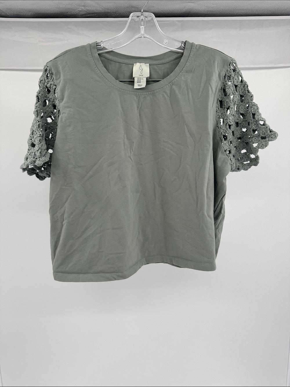 Joie Sage Green Short Sleeve Top with Crochet Lace Sleeves
